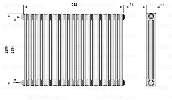 Схема (чертеж) Радиатор Zehnder Charleston 3220/22 №1270 Белый глянцевый RAL 9016